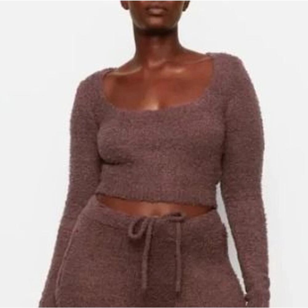 SKIMS Cozy Knit Scoop Neck Crop Top S/M Chocolate Brown